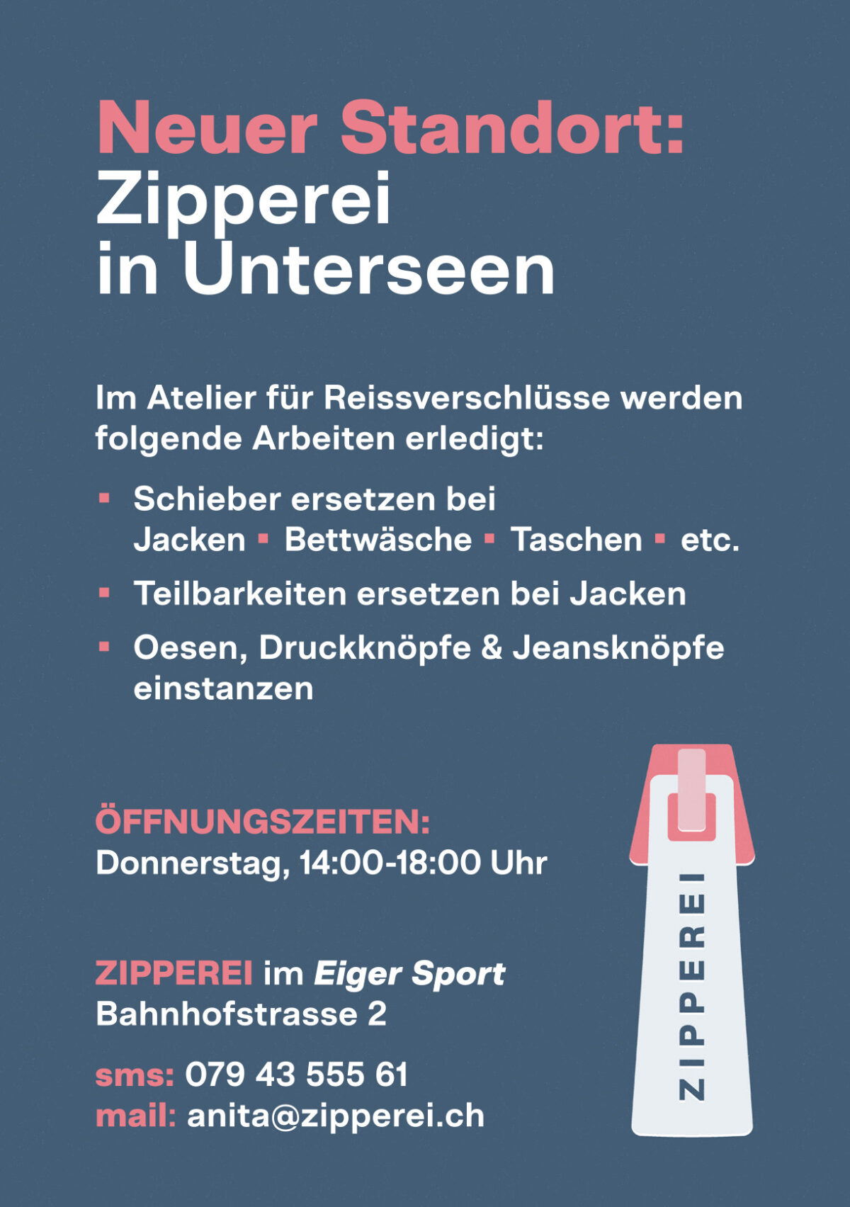 Zipperei Interlaken Atelier für Reissverschlüsse Schieber ersetzen Reparatur Druckknöpfe Jeansknöpfe Oesen